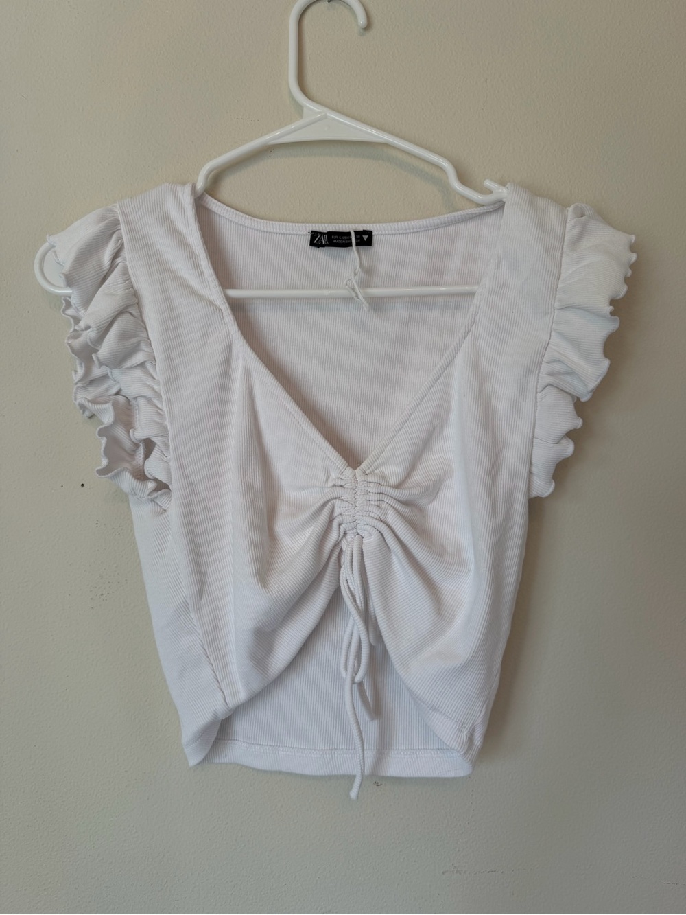 Zara White Ruched Drawstring Ruffle Sleeve Crop Top -3 too for $15
